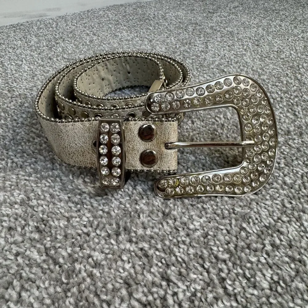 Rhinestone Western Belt Womens M Gold Genuine Leather Studded Rodeo Cowgirl Goth
